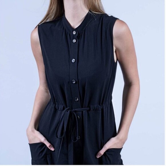 Malia Mills Black Cotton Wide Leg Button Up Drawstring Waist Jumpsuit Size 8 - Picture 4 of 14